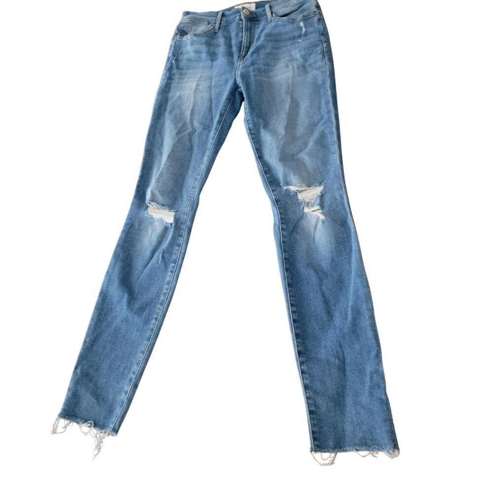 Frame Le High Skinny Distressed/Fanning Rips Blue Jeans